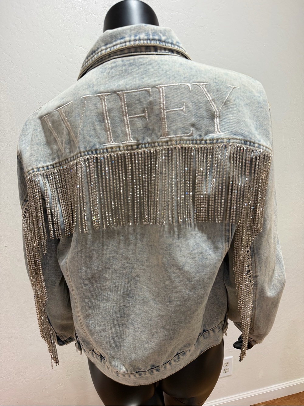 NWT Heirloom Bridal WIFEY Fringe Denim Jacket Size L